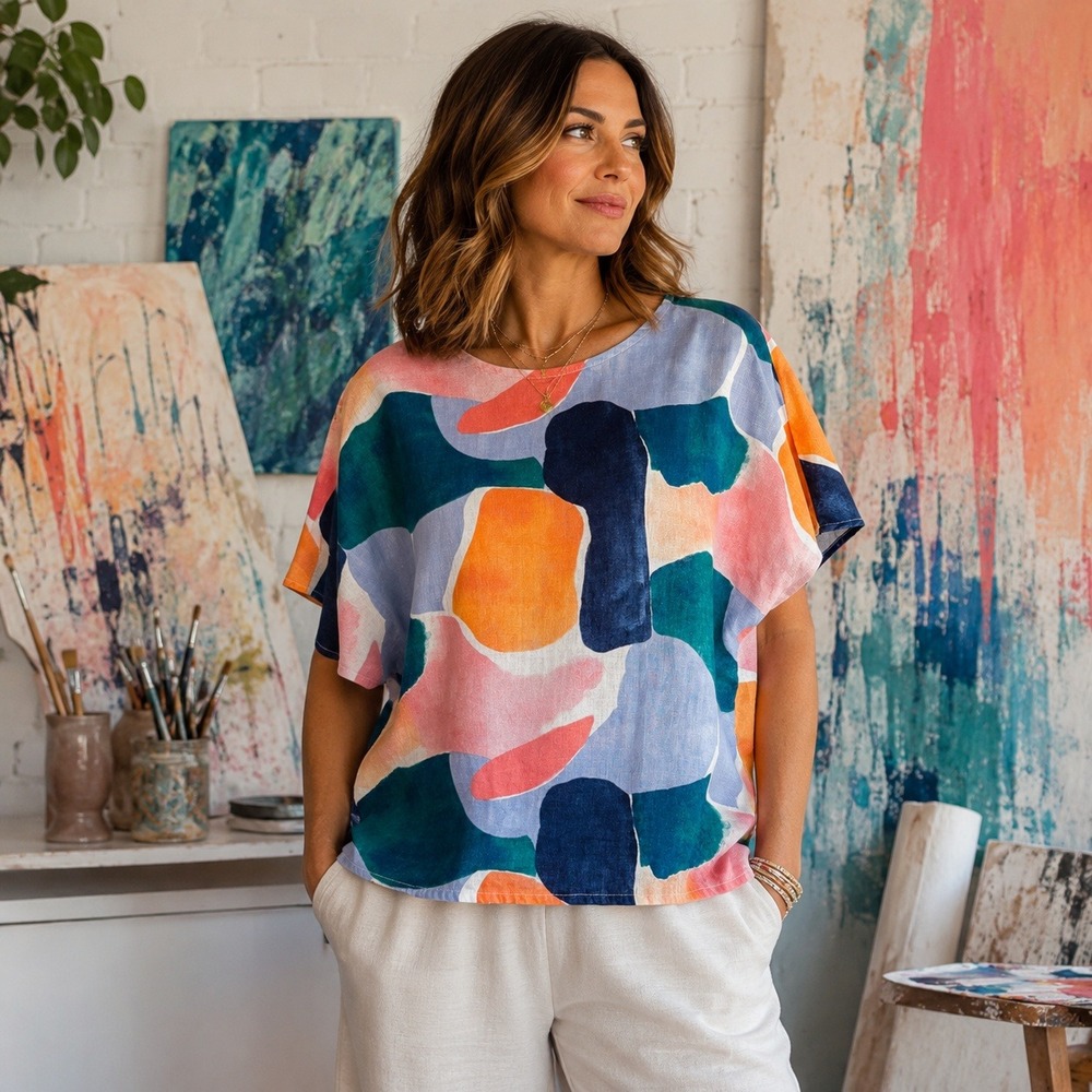 Colorful Artsy‎ Linen Boxy Top Sz L Oversized Abstract Coastal Lagenlook Breezy
